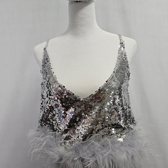 Boutique Feathers and Sequins Women's Silver Sleeveless Crop Top. - Picture 6 of 9